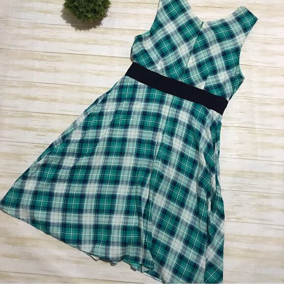 Long Modest Fit Flare Sleeveless Midi Dress Blue Green Plaid Size Medium - Picture 4 of 7
